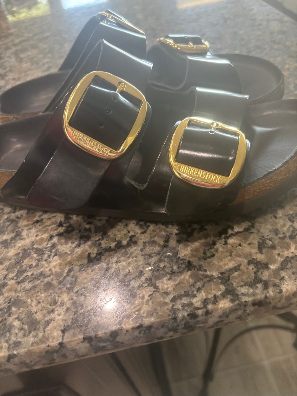 Birkenstock Black Arizona Sandals with Gold Buckles - Picture 2 of 6
